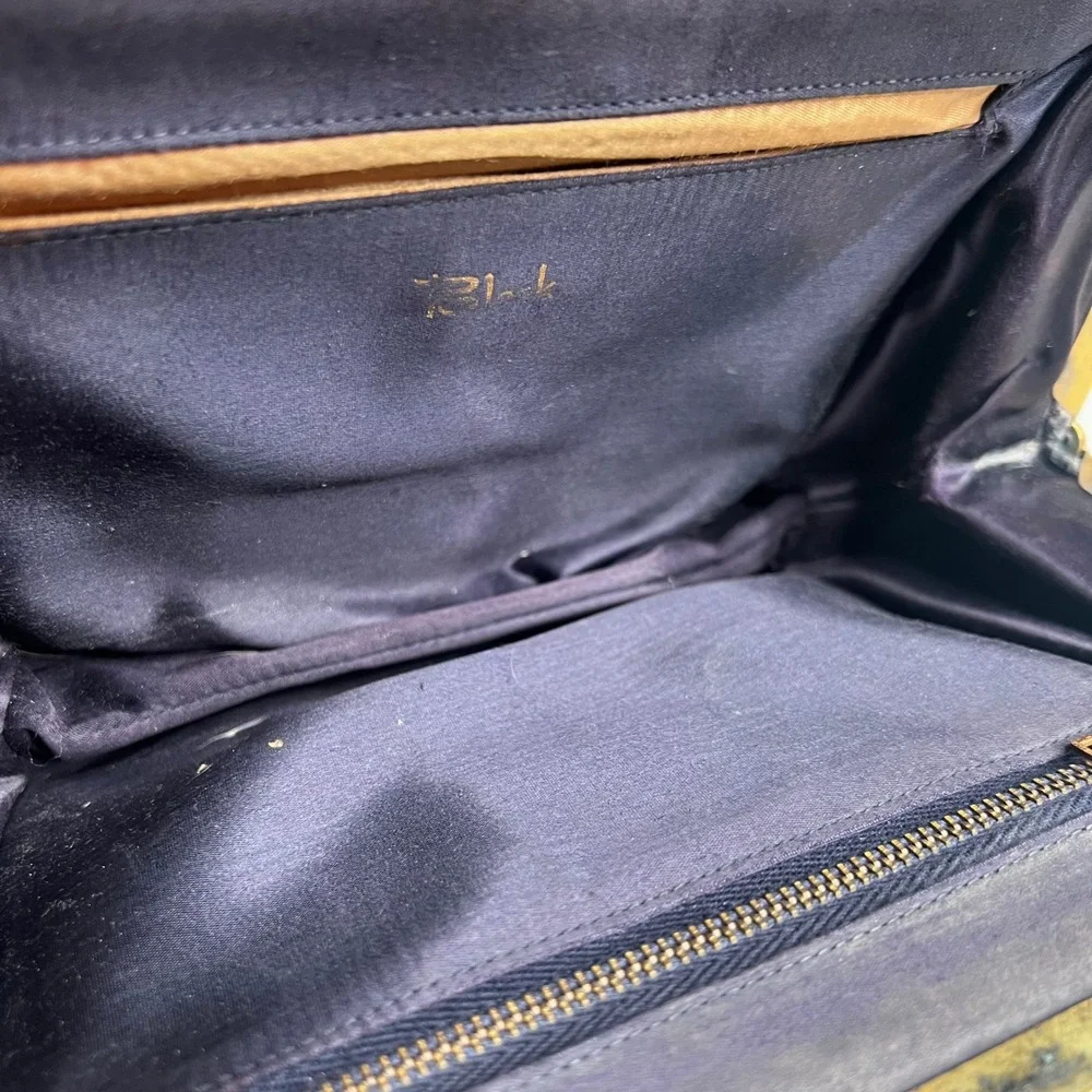 Vintage 1950s Block Black Leather Handbag Gold Frame Clasp Top Handle Bag